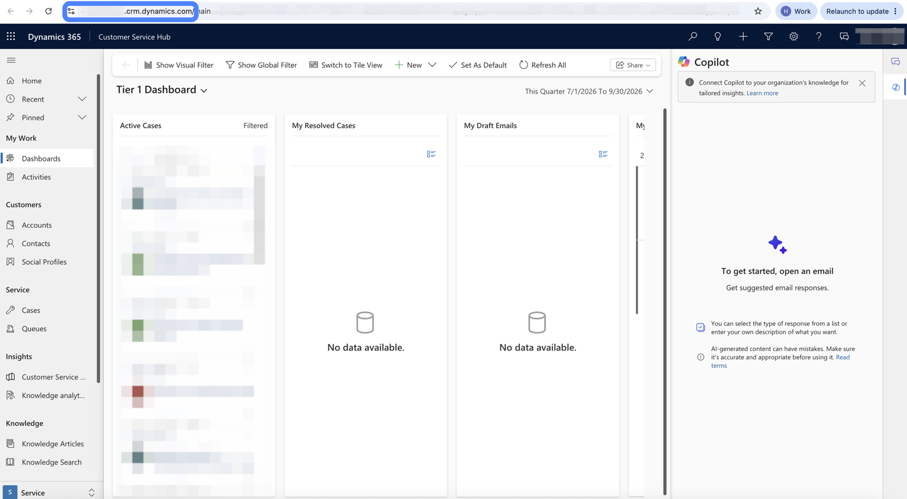 A Dynamics 365 Customer Service Hub dashboard open in a browser. The address bar is highlighted with a blue ring, showing an environment URL ending in .crm.dynamics.com with the organization's subdomain redacted. The dashboard's case data is also redacted.