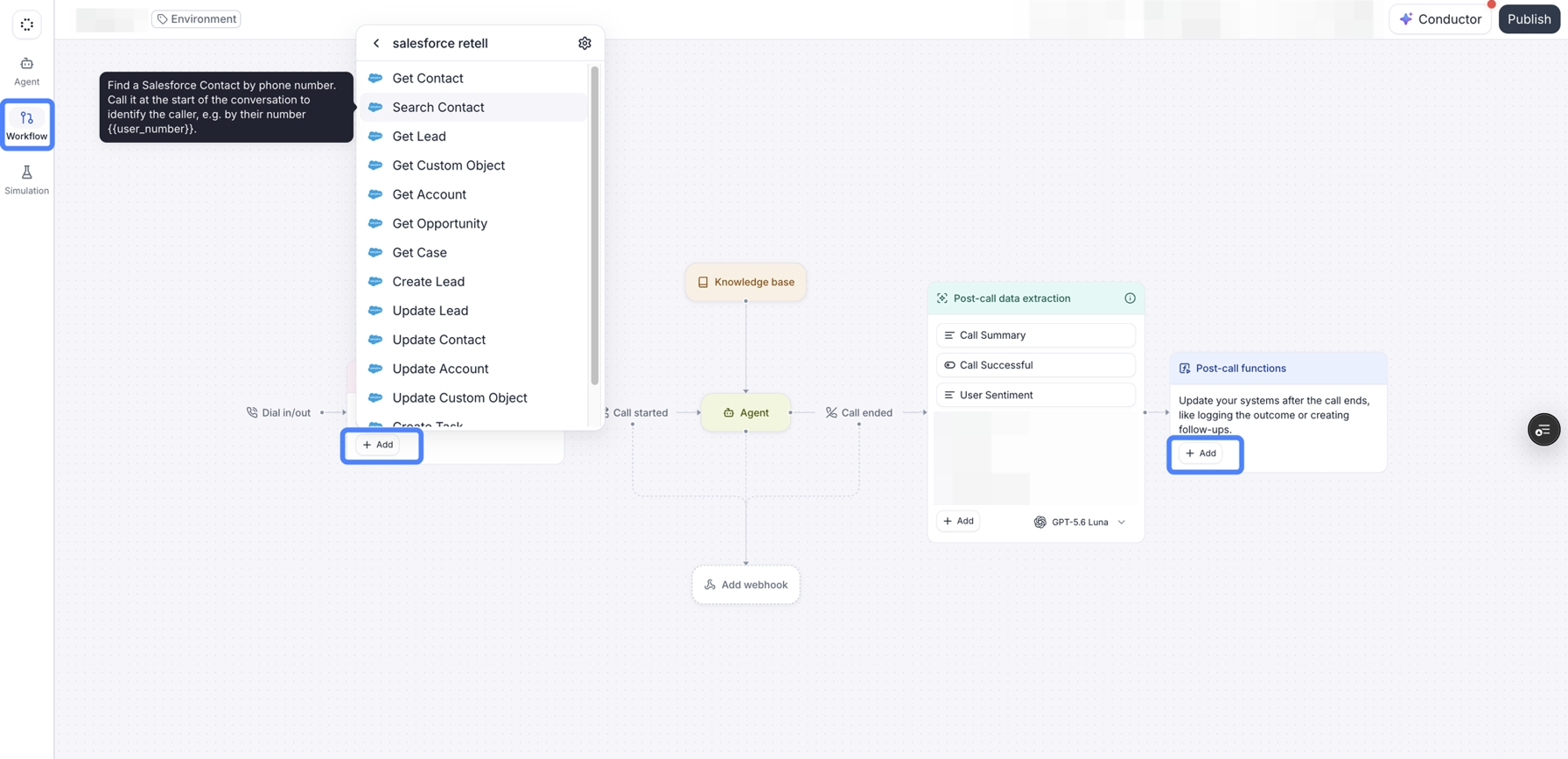The agent's Workflow page, with Workflow highlighted in the left rail next to Agent and Simulation. A flow runs from Dial in/out through pre-call functions, Call started, the Agent node with a knowledge base attached and an Add webhook slot below, Call ended, Post-call data extraction, and Post-call functions. A tool menu for a connection named salesforce retell is open over the pre-call functions node, listing Salesforce tools with Search Contact selected and its description shown. Blue rings mark the Workflow nav item and the Add buttons on the pre-call and post-call function nodes.