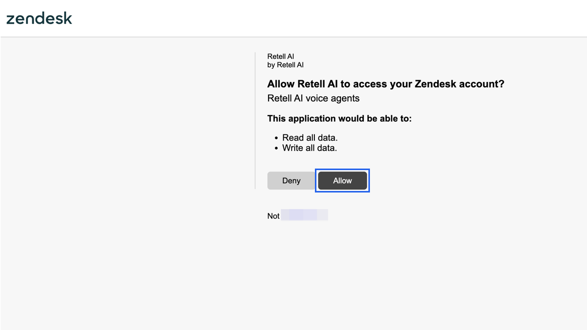 Zendesk's OAuth consent screen asking Allow Retell AI to access your Zendesk account. It lists what the application would be able to do: read all data and write all data. The Allow button is highlighted with a blue ring next to Deny, and the signed-in username below is redacted.