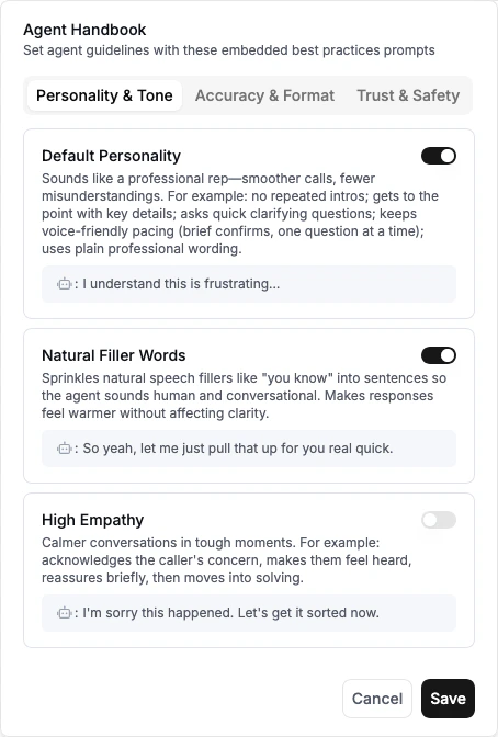 Agent Handbook panel with preset toggles