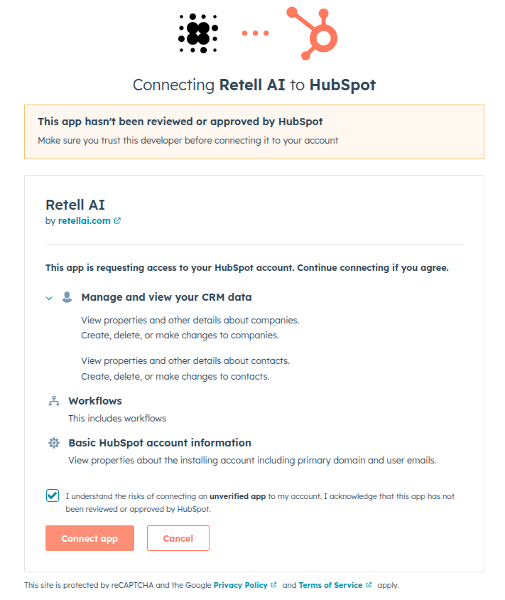 HubSpot app installation prompt