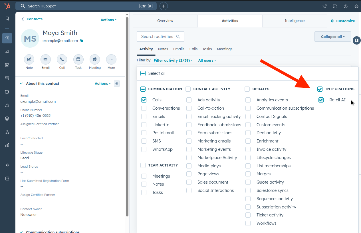 Activity filters including Retell AI