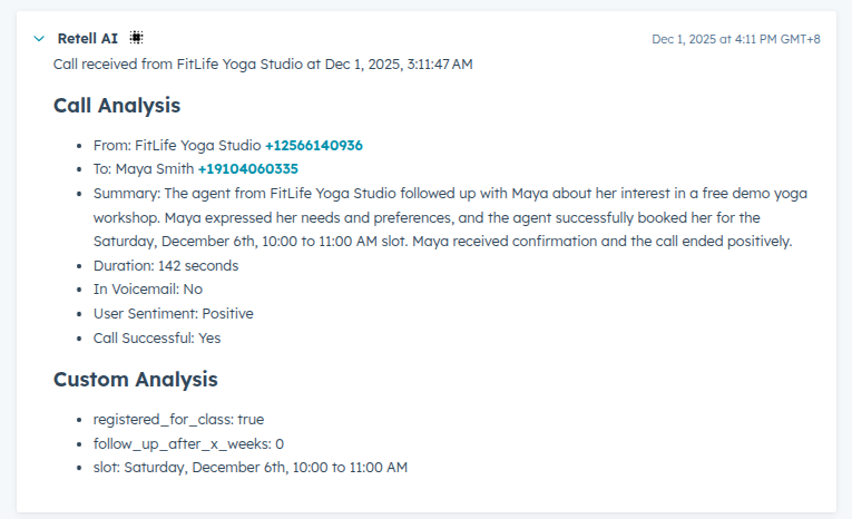 Call Analysis in Activity tab