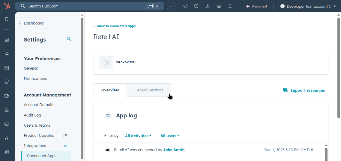 Retell AI General Settings tab