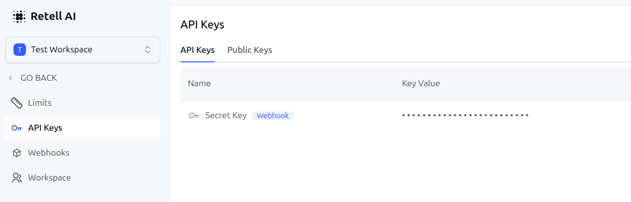 Retell AI API Keys settings