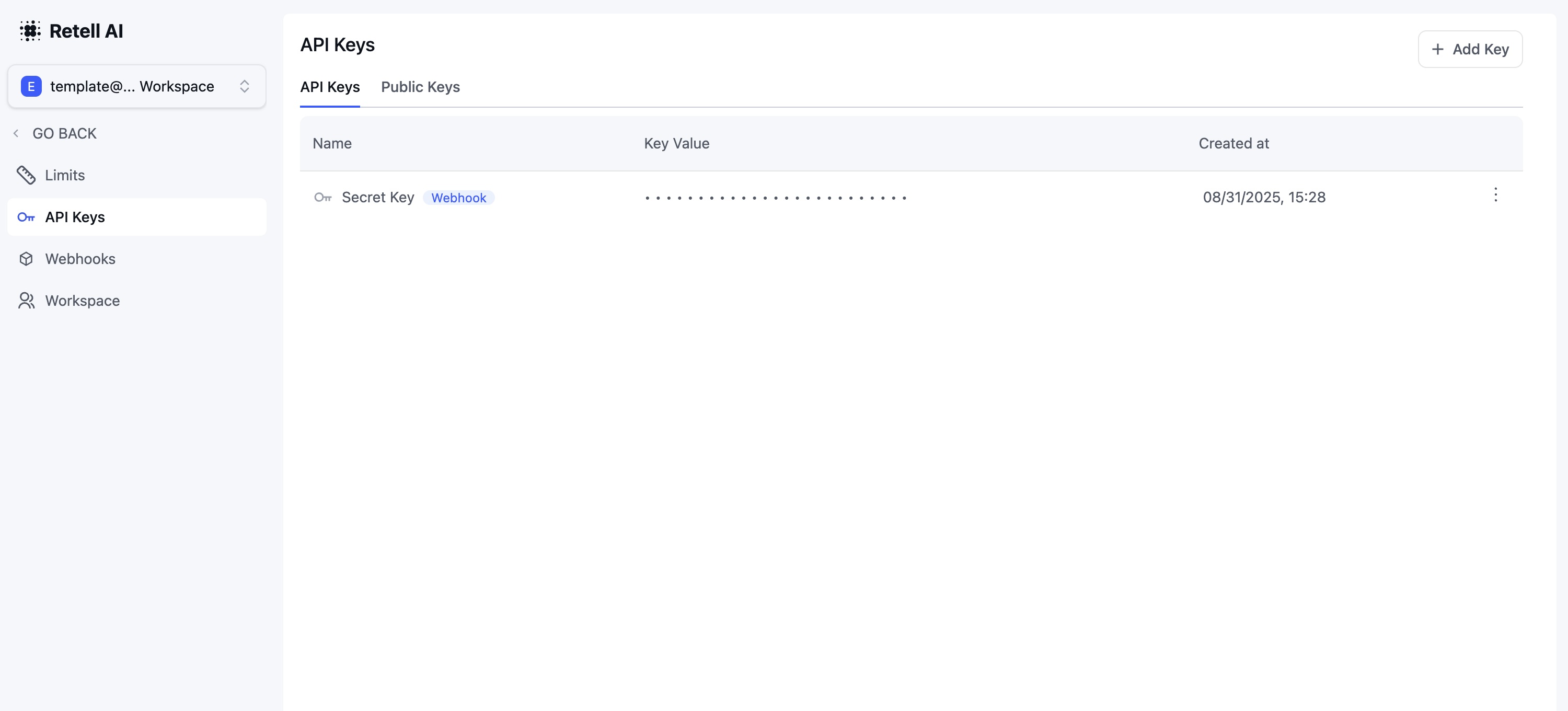 API Keys tab in Retell dashboard showing where to find and copy your API key