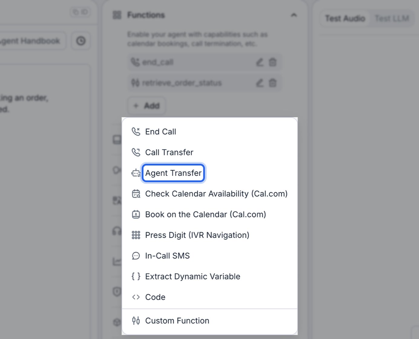 Functions section of a single-prompt agent with the + Add dropdown open, listing End Call, Call Transfer, Agent Transfer, calendar and IVR functions, In-Call SMS, Extract Dynamic Variable, Code, and Custom Function, with Agent Transfer outlined in blue.