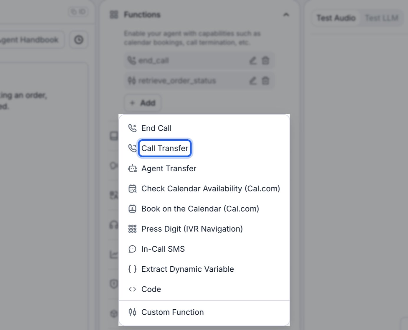 Functions section of a single-prompt agent with the + Add dropdown open, listing End Call, Call Transfer, Agent Transfer, calendar and IVR functions, In-Call SMS, Extract Dynamic Variable, Code, and Custom Function, with Call Transfer outlined in blue.