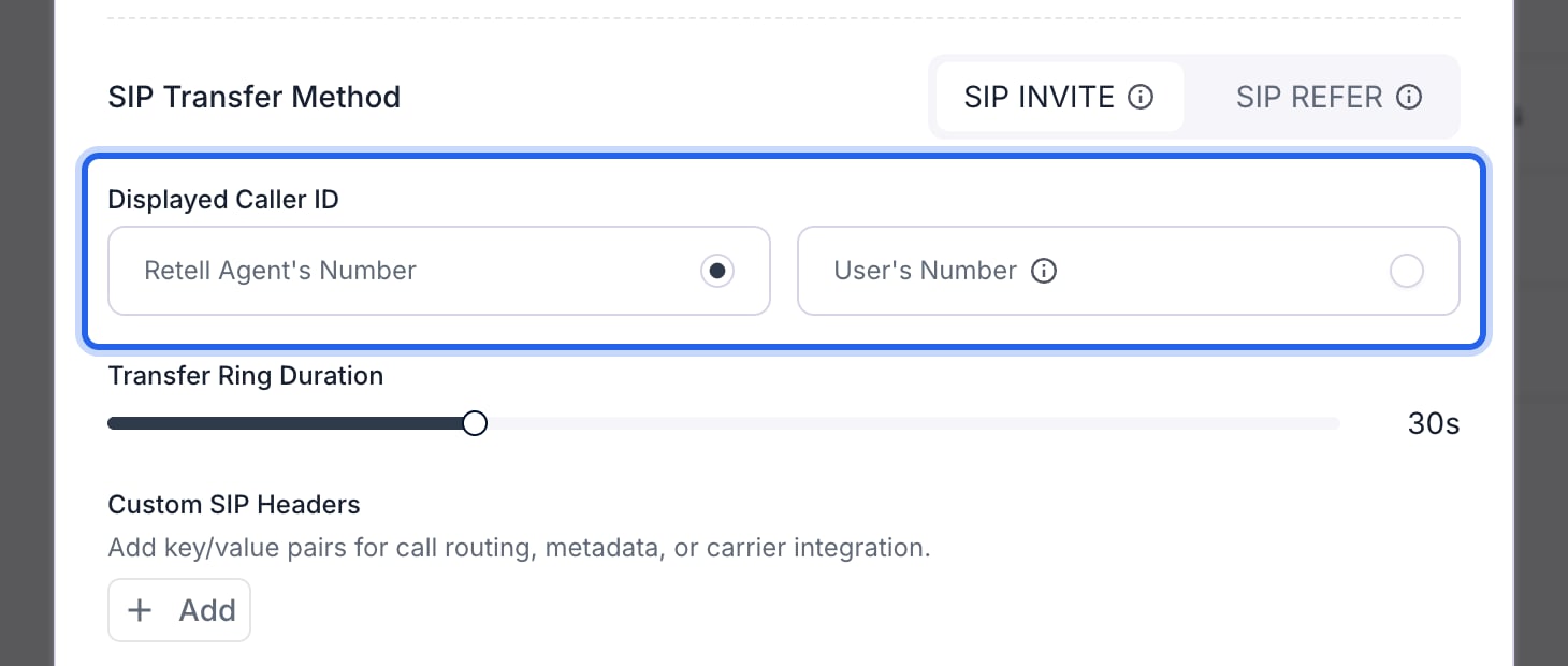 Transfer Call window with the Displayed Caller ID group outlined in blue, offering Retell Agent's Number selected and User's Number, between the SIP Transfer Method row and the Transfer Ring Duration slider.
