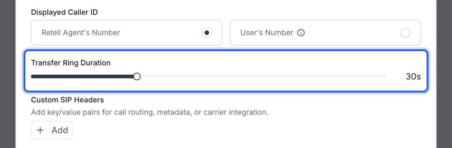 Transfer Call window with the Transfer Ring Duration group outlined in blue, its slider set to 30s, below Displayed Caller ID and above Custom SIP Headers.