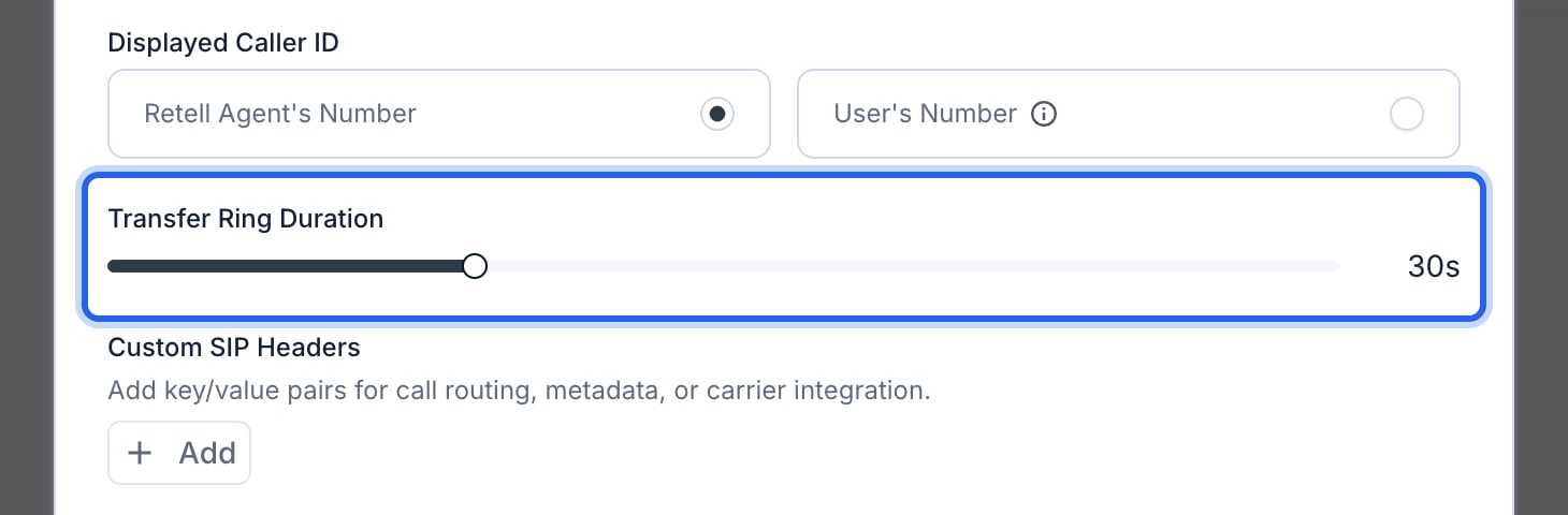 Transfer Call window with the Transfer Ring Duration group outlined in blue, its slider set to 30s, below Displayed Caller ID and above Custom SIP Headers.