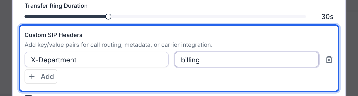 Transfer Call window with the Custom SIP Headers group outlined in blue, holding one row with the header name X-Department and the value billing, a delete icon, and a + Add button below.