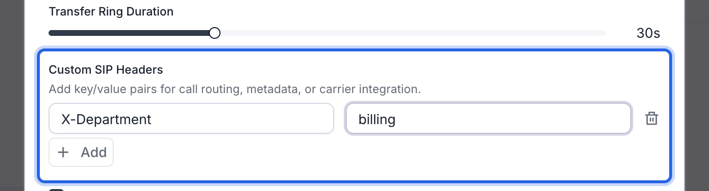 Transfer Call window with the Custom SIP Headers group outlined in blue, holding one row with the header name X-Department and the value billing, a delete icon, and a + Add button below.