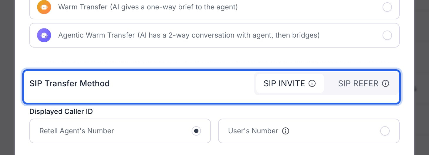 Transfer Call window scrolled to the SIP Transfer Method row, outlined in blue, with SIP INVITE selected next to SIP REFER, below the Warm Transfer and Agentic Warm Transfer options and above Displayed Caller ID.