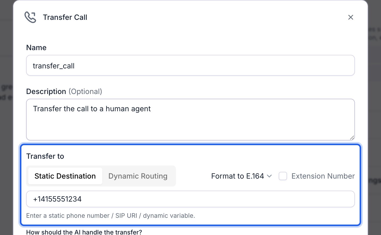 Transfer Call window with Name set to transfer_call, a description, and the Transfer to group outlined in blue showing the Static Destination and Dynamic Routing tabs, a Format to E.164 selector, an Extension Number checkbox, and the destination number +14155551234.
