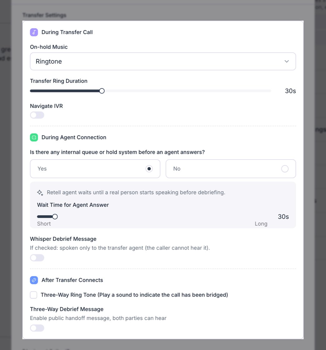 Warm transfer Transfer Settings card with During Transfer Call fields for On-hold Music set to Ringtone, Transfer Ring Duration at 30s, and a Navigate IVR toggle; During Agent Connection asking whether there is an internal queue or hold system with Yes selected, a note that the Retell agent waits until a real person starts speaking before debriefing, Wait Time for Agent Answer at 30s, and a Whisper Debrief Message toggle; and After Transfer Connects with Three-Way Ring Tone and Three-Way Debrief Message.
