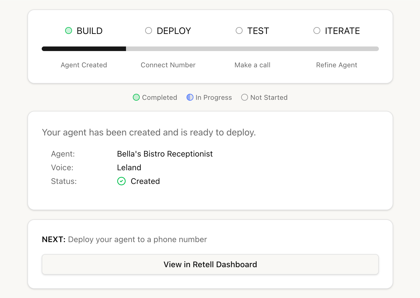 Retell AI build wizard in Claude with the Build step complete on a Build, Deploy, Test, Iterate progress bar. A card confirms the agent Bella's Bistro Receptionist was created with the voice Leland, and a Next card suggests deploying it to a phone number with a View in Retell Dashboard button.