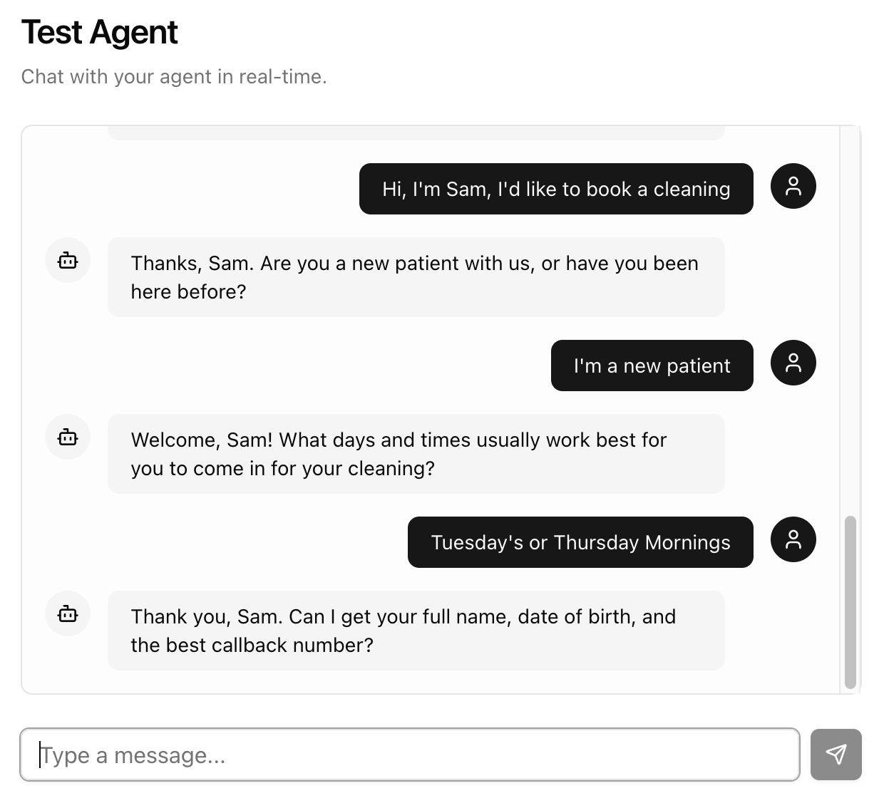 Retell AI Test Agent widget in Claude showing a text conversation where a caller named Sam asks to book a dental cleaning and the agent asks whether they are a new patient, which days suit them, and for their name, date of birth, and callback number.