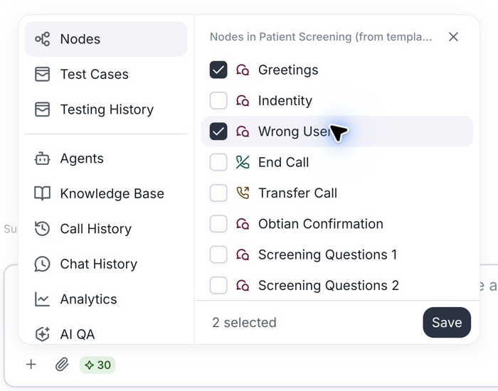 Conductor Add context selector beside the message box, with Nodes selected, Greetings and Wrong User checked, and the Save button.