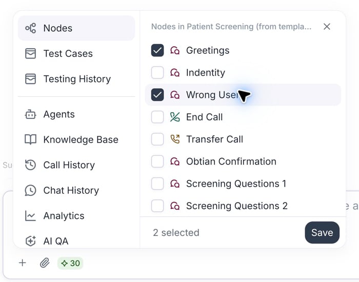 Conductor Add context selector beside the message box, with Nodes selected, Greetings and Wrong User checked, and the Save button.