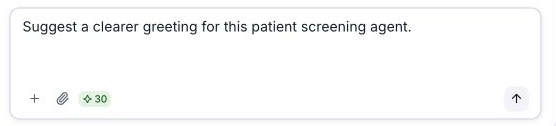 An unsent request to clarify the template patient-screening greeting, with the send button.