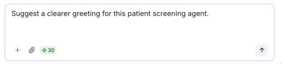 An unsent request to clarify the template patient-screening greeting, with the send button.