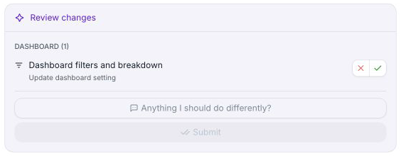 Conductor Review changes showing Dashboard filters and breakdown, with accept and reject controls and an unsubmitted review.