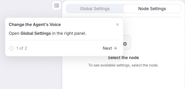 Two-step dashboard walkthrough: first, open Global Settings; then, locate the current Cimo voice control. The guide displays step progress and Back and Got it controls without changing the agent’s settings.