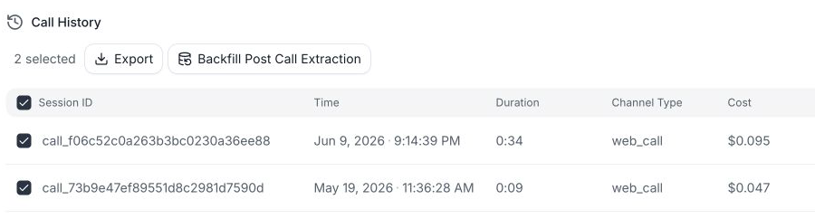 Call History with two checked rows and a 2 selected count.