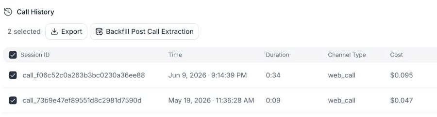 Call History in selection mode with two checked web-call rows and a 2 selected count.