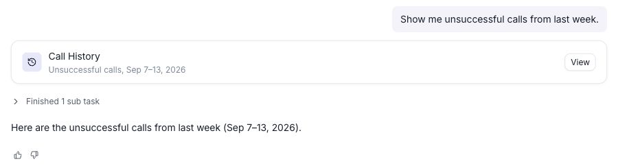 A request to show unsuccessful calls from last week, followed by Conductor’s Call History navigation card filtered to September 7–13, 2026, with a View button.