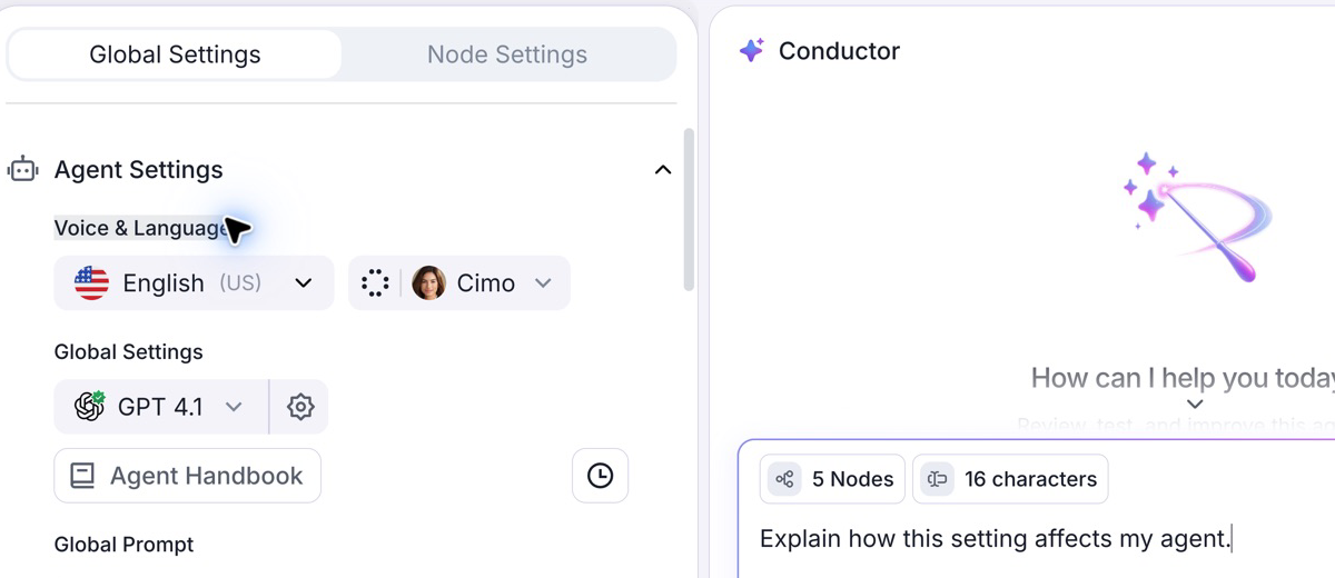 Voice & Language text highlighted in the agent settings beside Conductor, where the resulting 16 characters chip is above a question about the selected setting.
