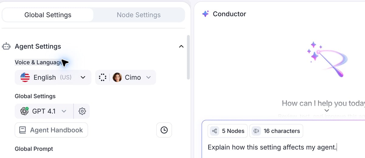 Voice & Language text highlighted in the agent settings beside Conductor, where the resulting 16 characters chip is above a question about the selected setting.