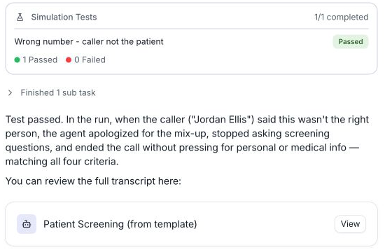 Conductor Simulation Tests result showing Wrong number - caller not the patient passed, with one test completed and a reply explaining that the template agent apologized and ended the call.