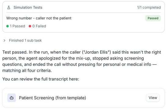 Conductor Simulation Tests result showing Wrong number - caller not the patient passed, with one test completed and a reply explaining that the template agent apologized and ended the call.