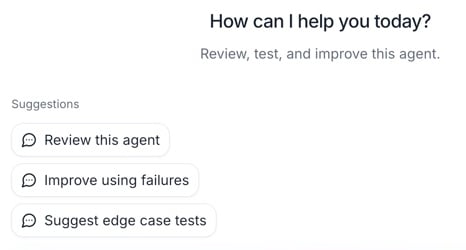 Conductor starter suggestions for the Patient Screening template agent: Review this agent, Improve using failures, and Suggest edge case tests.