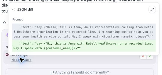 JSON diff for the template agent's Greetings node, showing the original greeting and the shorter proposed greeting above the Node updated control.