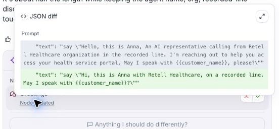 JSON diff for the template agent's Greetings node, showing the original greeting and the shorter proposed greeting above the Node updated control.