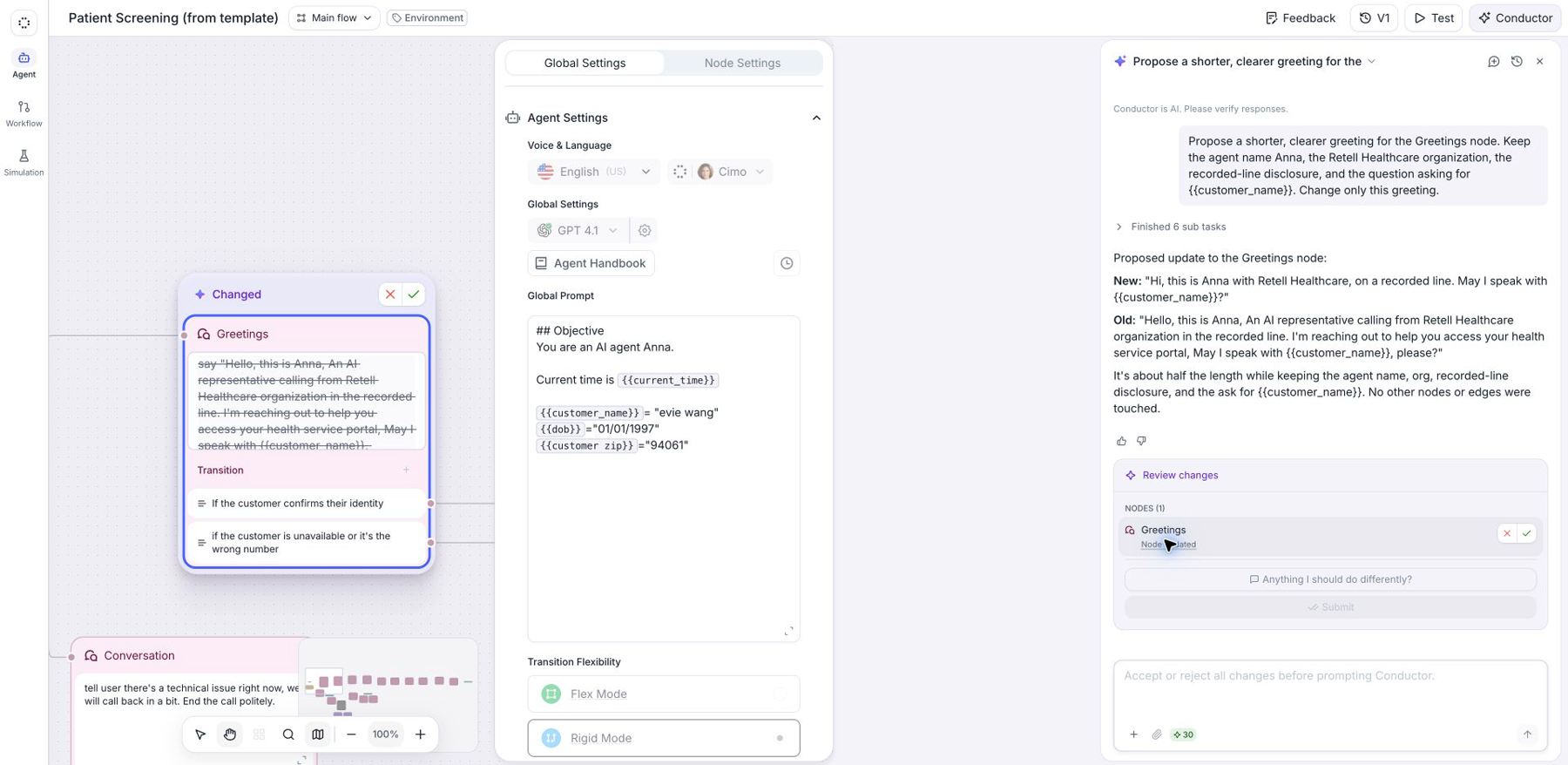 Patient Screening (from template) open in the agent builder with a proposed Greetings node edit, inline reject and accept controls, and Conductor's Review changes panel. The changed node appears beside the review panel.