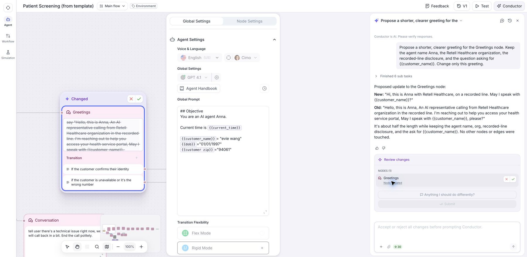 Patient Screening (from template) open in the agent builder with a proposed Greetings node edit, inline reject and accept controls, and Conductor's Review changes panel. The changed node appears beside the review panel.