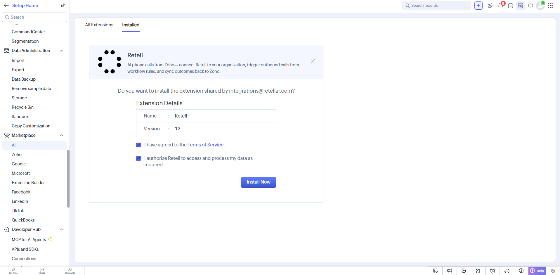 Zoho Marketplace install prompt for the Retell extension, showing extension details and the Install Now button