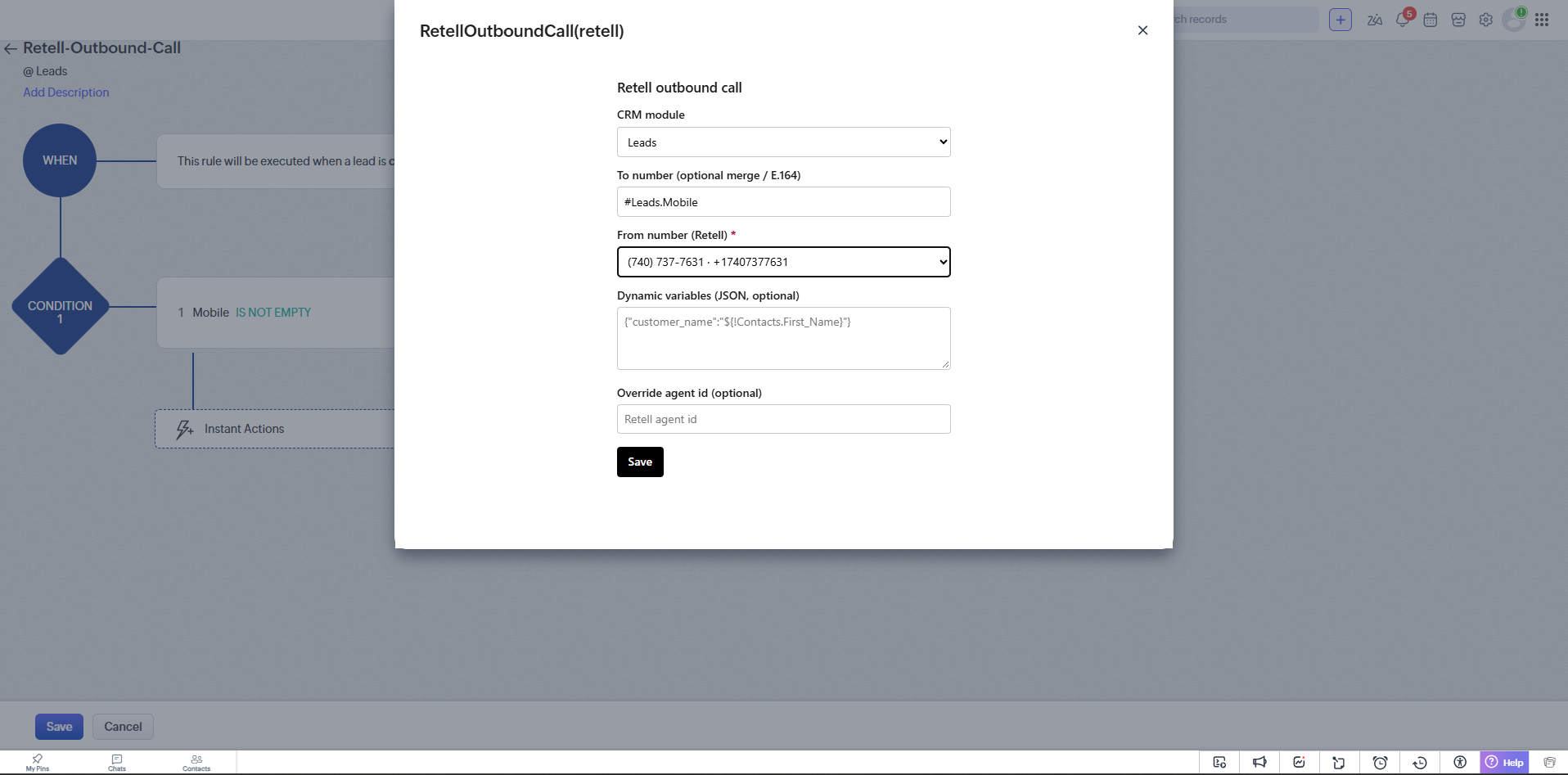 RetellOutboundCall configuration modal in Zoho CRM with CRM module set to Leads, To number set to a Mobile merge field, From number set to a Retell phone number, and Dynamic variables and Override agent id fields