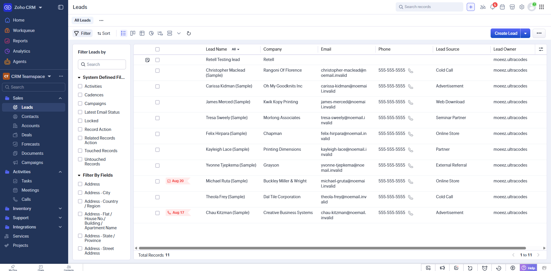 Zoho CRM Leads list showing a test record named Retell Testing lead