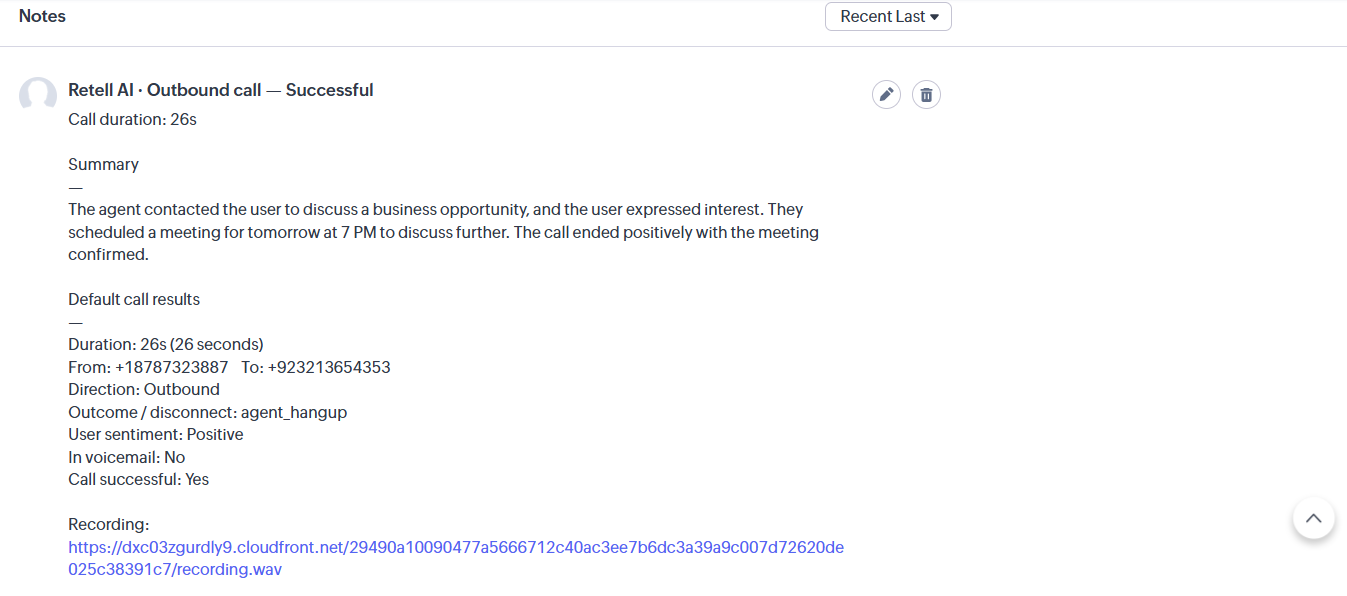 Zoho CRM Notes section on a lead record showing a Retell AI outbound call note with summary, call duration, direction, and a recording link