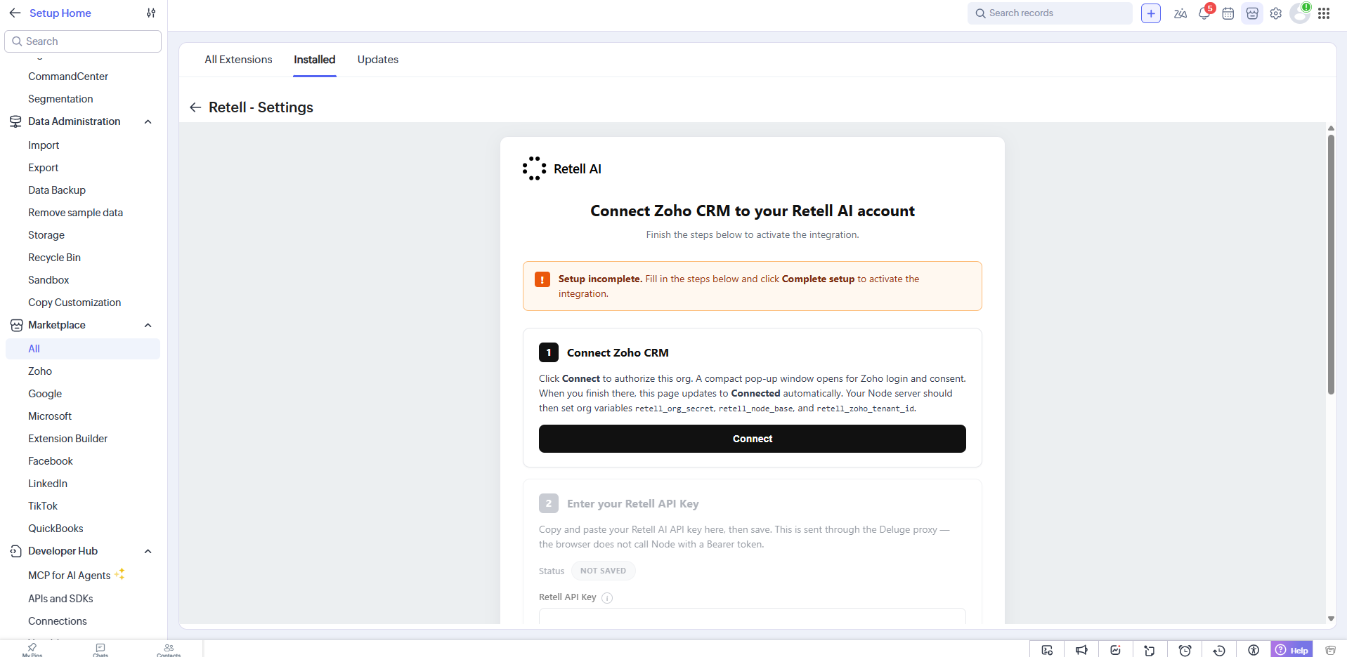 Retell Settings page in Zoho CRM showing step 1 Connect Zoho CRM with a Connect button, and step 2 Enter your Retell API Key