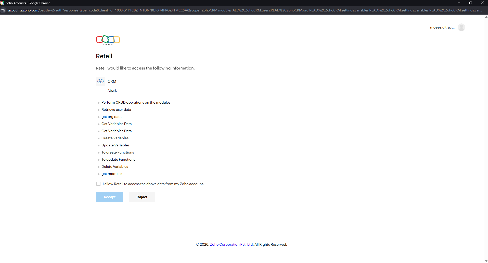 Zoho OAuth consent screen listing the permissions Retell requests, with the consent checkbox and Accept button