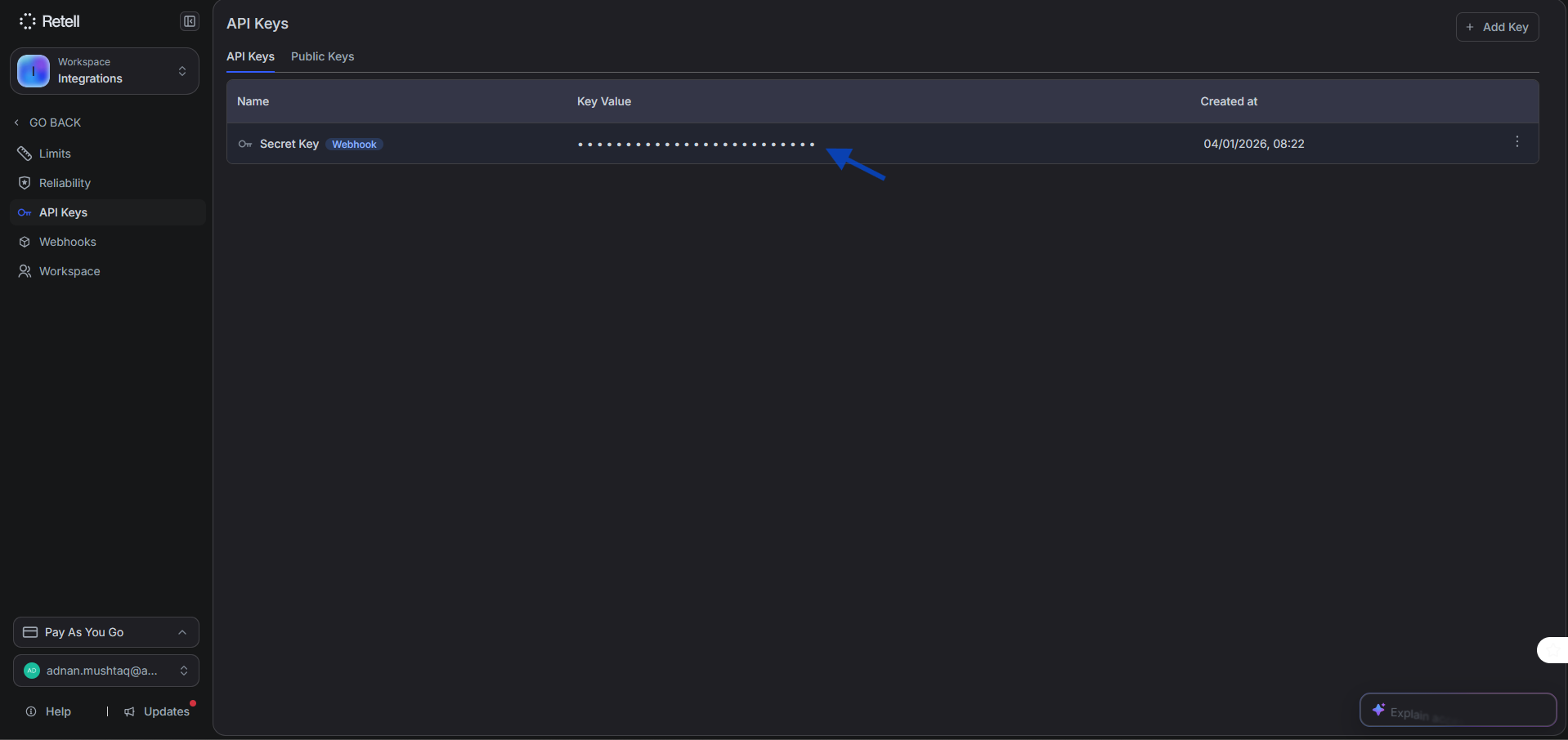 Retell AI API Keys page with the webhook Secret Key value highlighted