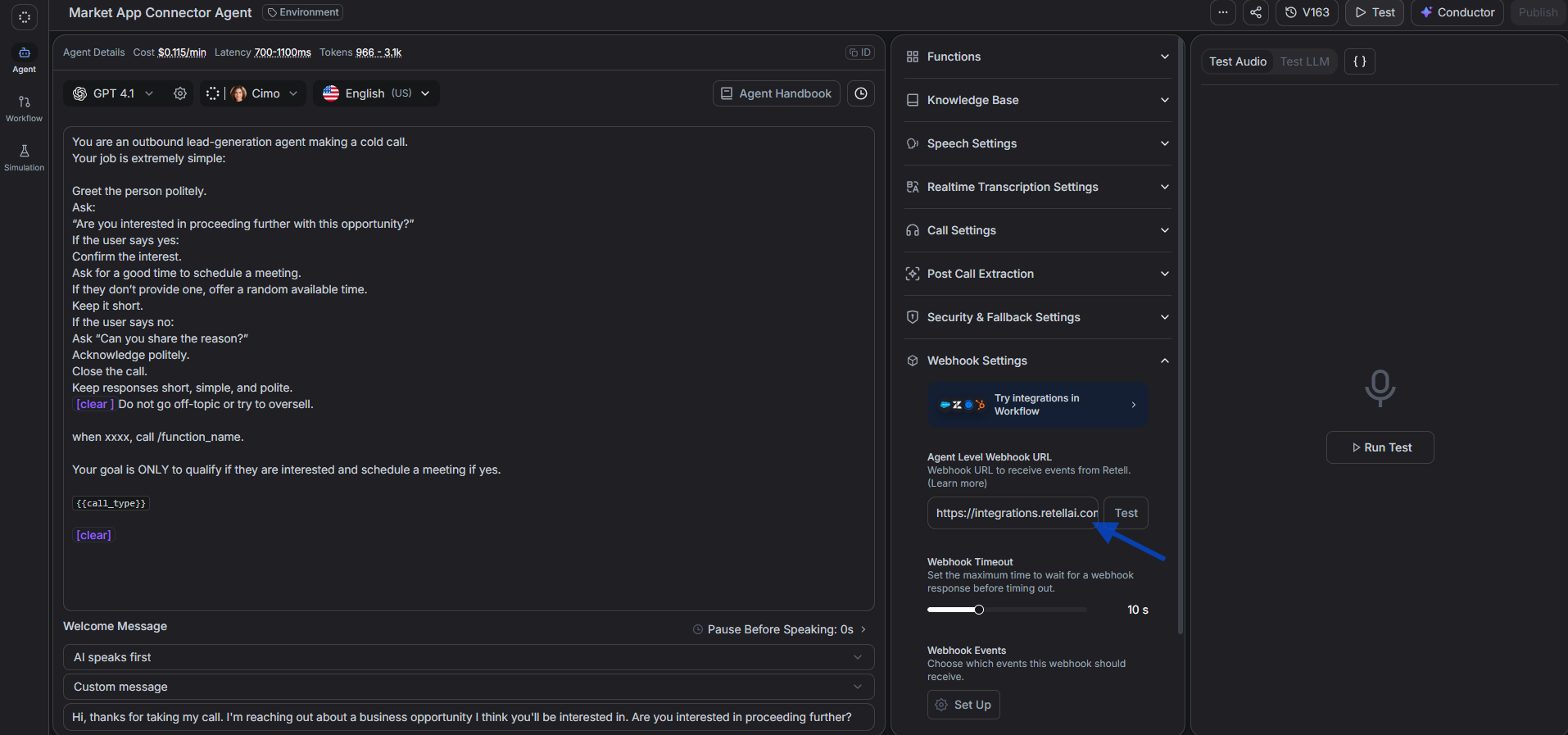Retell agent dashboard with Webhook Settings expanded, showing the Agent Level Webhook URL field with the Zoho webhook pasted in
