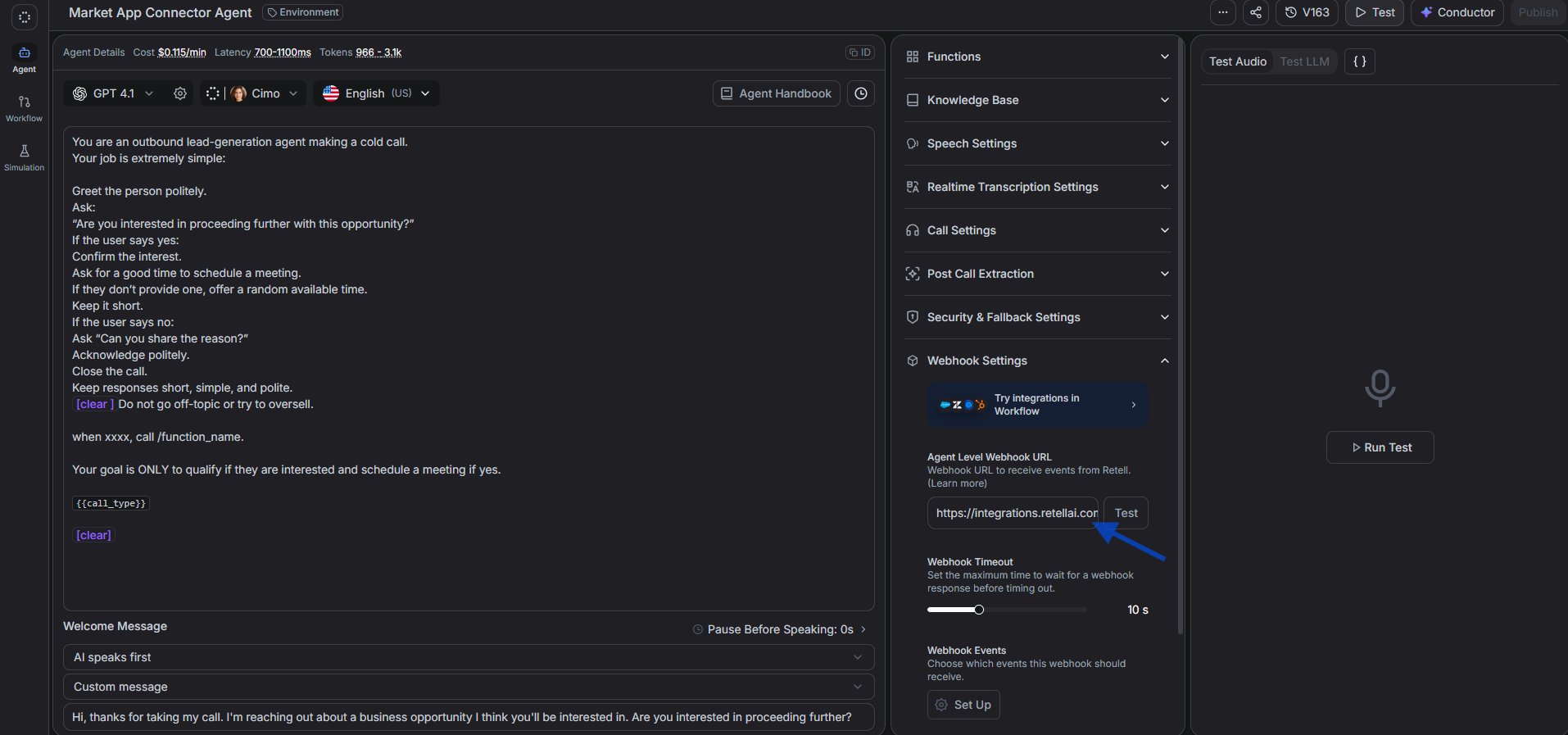 Retell agent dashboard with Webhook Settings expanded, showing the Agent Level Webhook URL field with the Zoho webhook pasted in