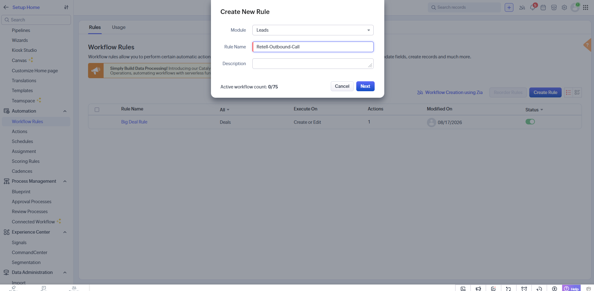 Zoho CRM Create New Rule dialog with Module set to Leads and Rule Name set to Retell-Outbound-Call